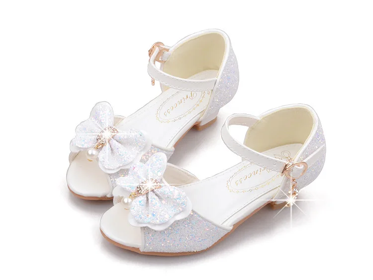 Girls Princess Shoes Shiny Children's High Heels White Show Leather Shoes New Summer Girls Bowtie Paillette Performance Sandals images - 6
