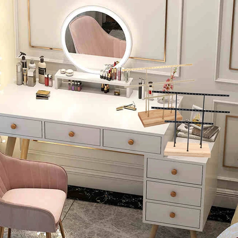 

2Pcs Log Earrings Ring Necklace Bracelet Display Storage Rack Hanging Jewelry Organizer Holder Beech Gold + Black