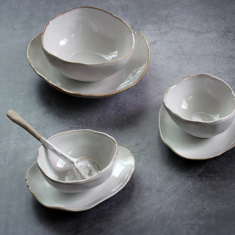 

Nordic Ceramic Tableware Irregular Rice Bowl Dessert Salad Bowl Seasoning Bowl Flat Plate Dish Dishes and Plates Sets