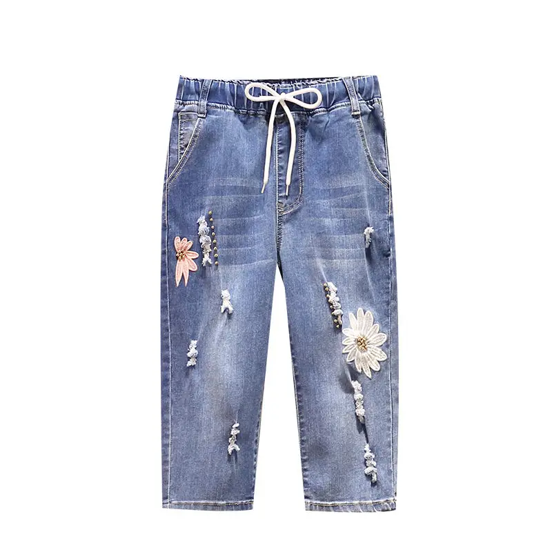 

2021 Spring Summer Capris Jeans High Elastic Waist Stretch Ankle Length Jeans For Women Embroidery Ripped Harem Denim Pants