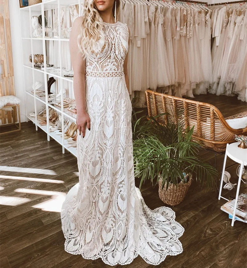 

Boho Wedding Dresses 2022 Sexy Open Back Sheath Sweep Train Tank Sleeveless Spring Summer Bridal Gown for Bride Lady