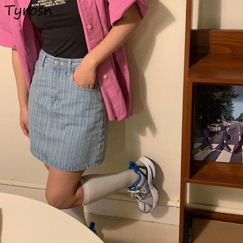 

Striped Mini Skirts Women Vintage All-match Denim Fashion Harajuku Korean Style Streetwear High Waist A-line Chic Temperament
