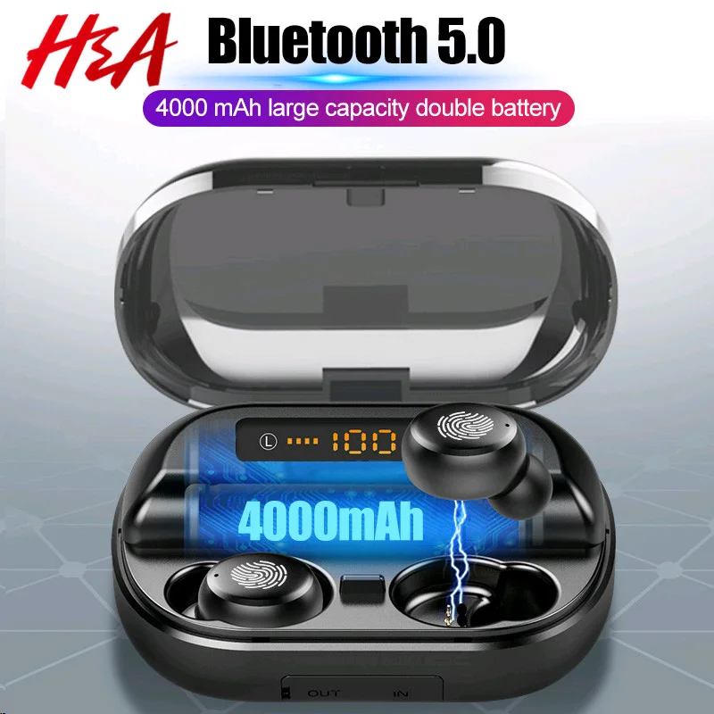 H& A TWS 5,0 Bluetooth 9D стерео наушники, беспроводные наушники IPX7, водонепроницаемые наушники, спортивные наушники с внешним аккумулятором 4000 мАч
