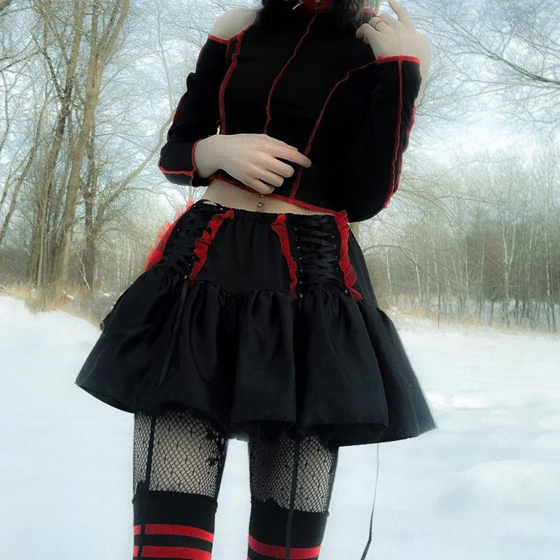 

2021 Black punk gothic plaid skirt Women Y2k harajuku vintage goth Bandage Color contrast high waist plaid mini skirt lolita new