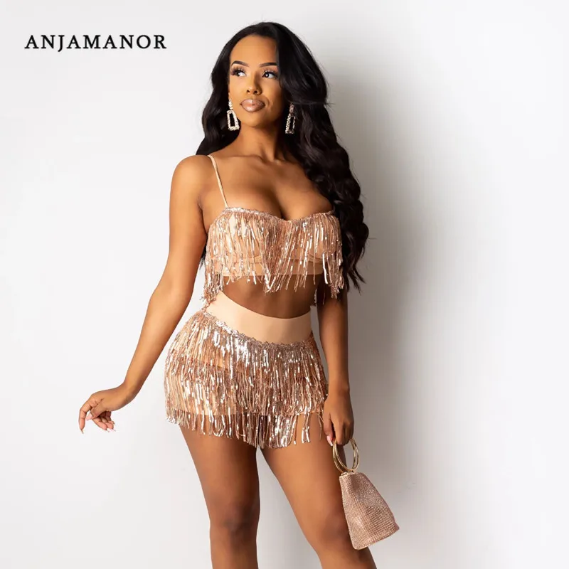 Женский комплект из топа и трусиков anjama бюстгальтера с блестками кисточками