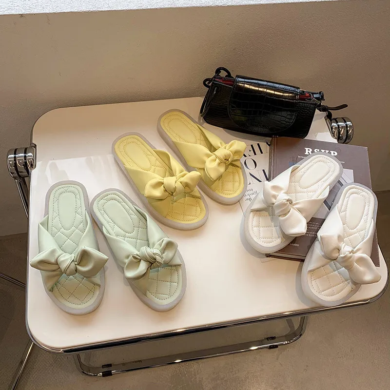 

Low Butterfly-Knot Female Shoes Rubber Slippers Luxury Slides Platform 2021 Summer Flat Designer Butterfly-knot PU Shoes House S