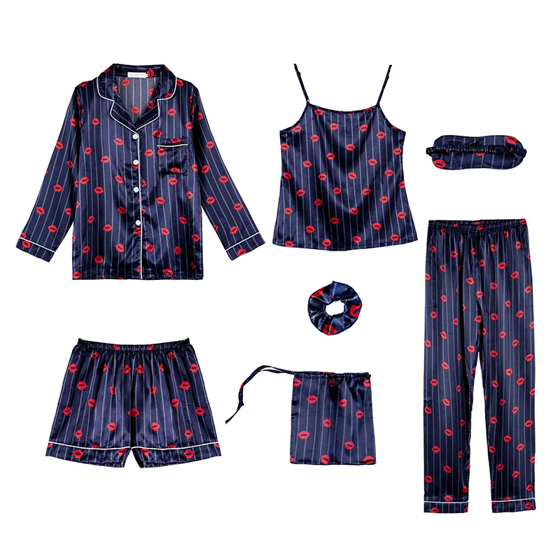 

Luxurious Women's 7 Pieces Pajamas Sets Emulation Silk Striped Print Pyjama Women Sleepwear Sets Spring Summer Autumn Homewear