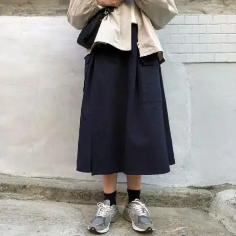 Navy Blue Японские Мори девушка длинные юбки для женщин Высокая талия армейский зеленый зонтик юбки карман женский хлопок миди Saia сплошной цвет - Цвет: Navy Blue
