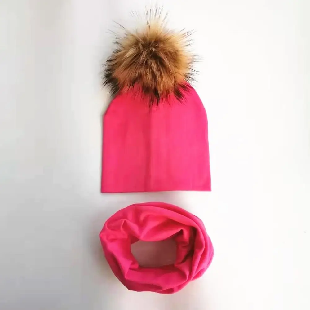 2 hot pink Детская шапка с помпонами, осенне-зимние детские шапки для девочек и мальчиков, детская шапочка, шапка с воротником, шарф, комплект, детская шапка, реквизит для фотосессии - Цвет: 2 hot pink