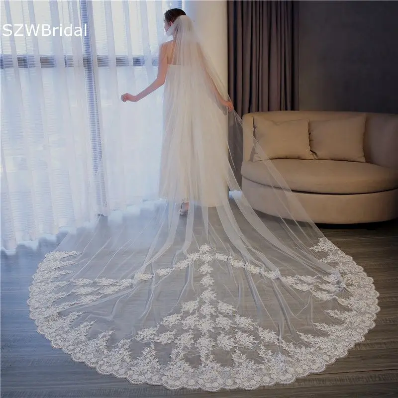 

New Arrival Lace Applique White Ivory Cathedral Wedding Veils Long Bride mariage Sexy Wedding accessories Matrimonio