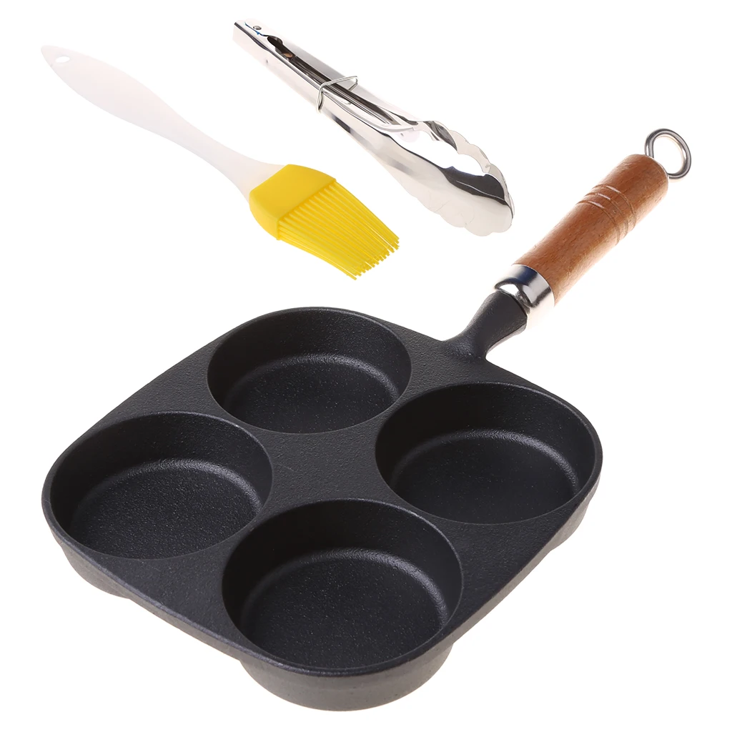 

4 Holes Omelet Pan Burger Eggs Ham PanCake Maker Frying Pans Non-stick Breakfast Cooking Pot with Shovel Brush Gas Stove