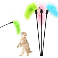 cat toy stick feather wand with bell toys plastic artificial colorful cat teaser toy pet supplies random color