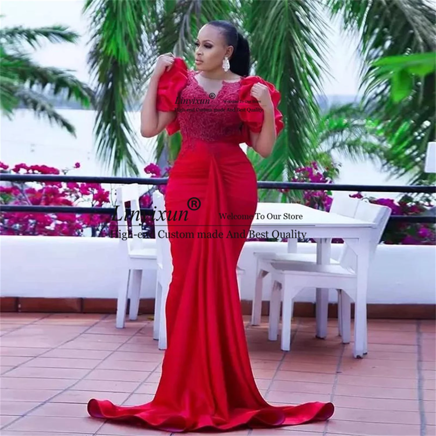 

Red Plus Size Mermaid Prom Dresses Puffy Sleeves Appliqued Lace Formal Evening Party Gowns Pleat Court Train Robe De Mariée