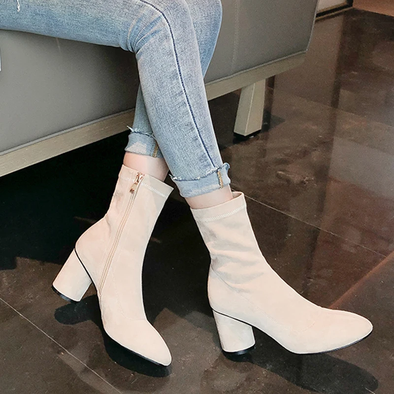 

ODS 2021 New Fashion Style Autumn Faux Suede Ankle Boots Women High Heel Side Zipper High Top Block Heel Short Booties Shoes