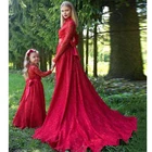 Кружевное красное ТРАПЕЦИЕВИДНОЕ ПЛАТЬЕ для мамы и дочки, платье с бантом и высоким воротником, длинное вечернее платье с цветочным принтом для девочек, платье на день рождения