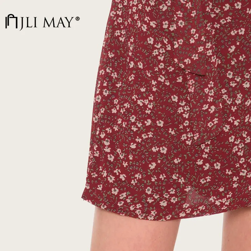 

JLI MAY Women Dress Print V-Neck Long Lantern Sleeve Lace up A-Line Slim High Street Mini Dresses