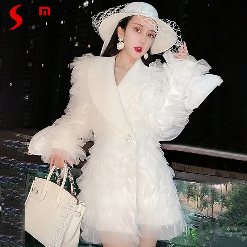

2021 Autumn and Winter New Style V-neck Mesh Layer Bow Sleeve Detachable Small Blazer Suit Jacket Trendy Women