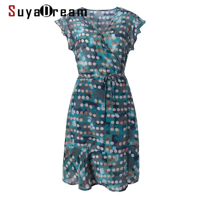

SuyaDream Woman Midi Dress 100%Silk Polka Dots V neck Sashes Wrap Beach Dress 2020 Summer Dresses Vestidos New