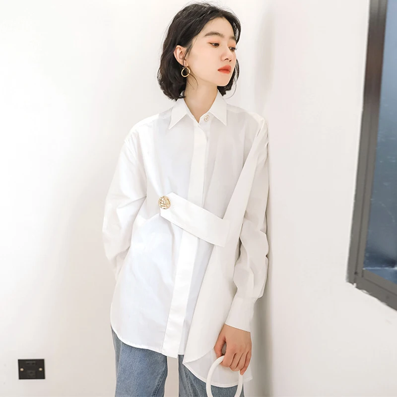 2020 New Spring One Pocket Women White Shirt Casual Long Sleeve Female Cotton Blouse Tops Ladies Oversized Shirt