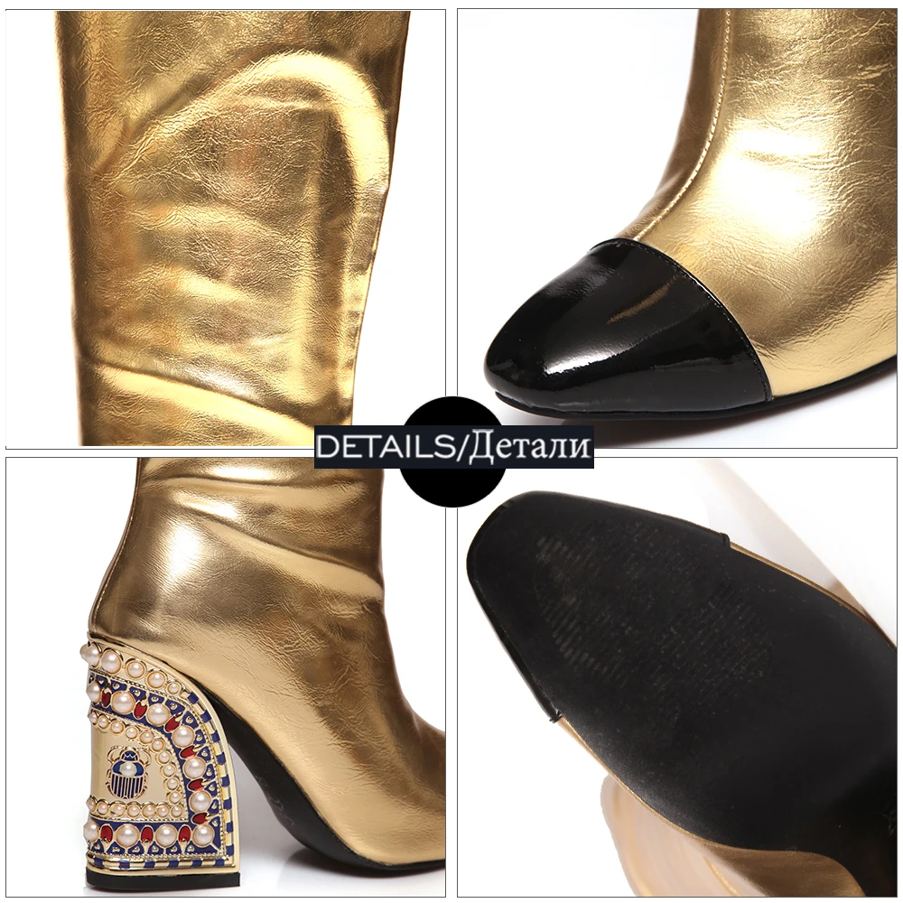 

WETKISS Fashion Over Knee Boots Women Luxury Pearl Crystal Heel Thigh Boots Mixed Color Thick High Heels Ladies Shoes Woman