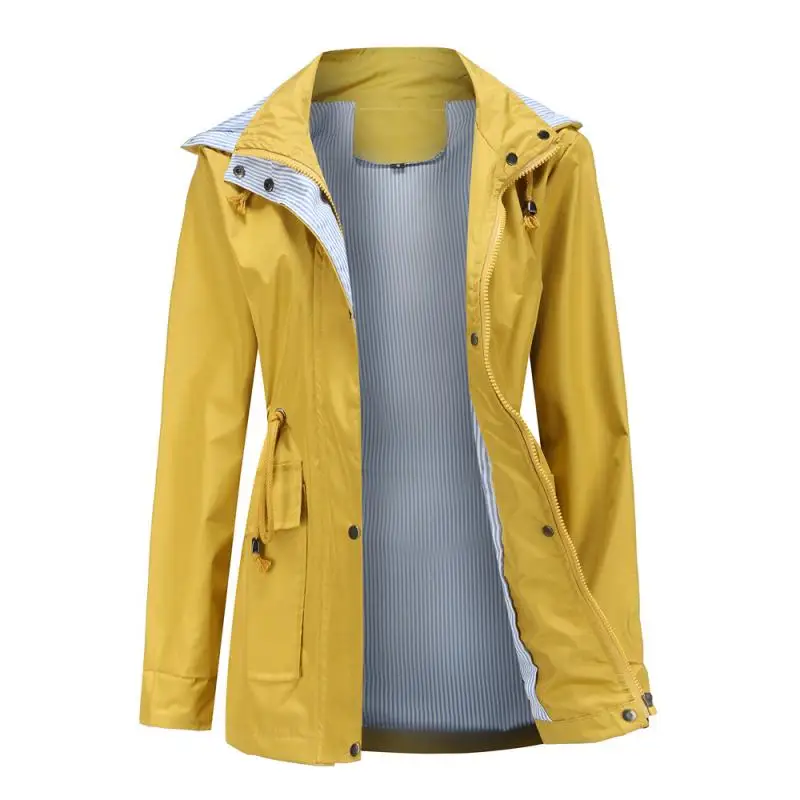 

2021 New Elegant Spring Autumn Detachable Hooded Trench Women Waterproof Cloak Striped Inner Coat Large Size Windbreaker