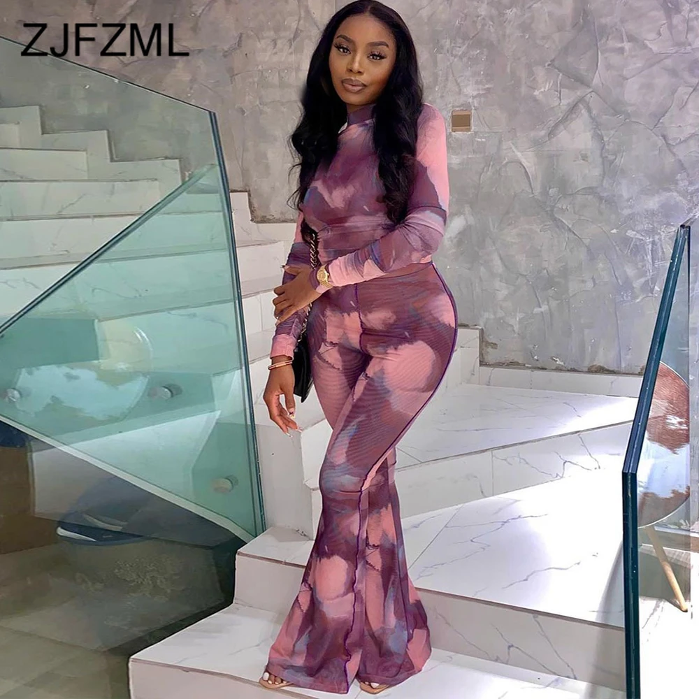 

Комплект одежды для отдыха Женский, винтажный комплект из двух предметов, Топ с длинным рукавом и принтом, приталенный крой и брюки-клеш, для...