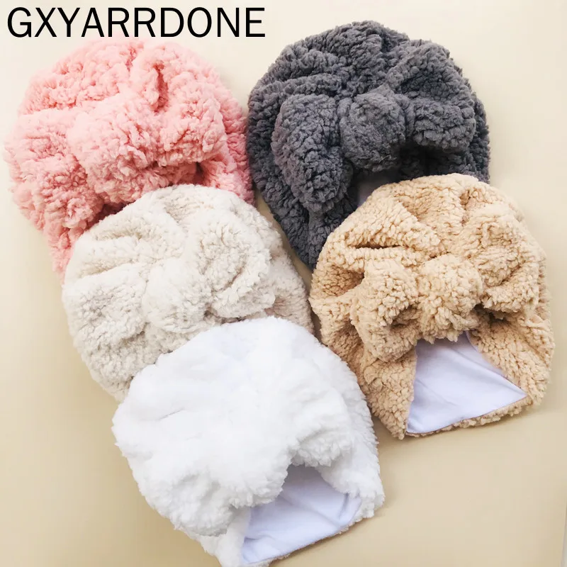 

2021 Lamb Wool Baby Hat Big Bowknot Baby Girl Hat Turban Knot Head Wraps Baby Kids Bonnet Beanie Newborn Photography Props