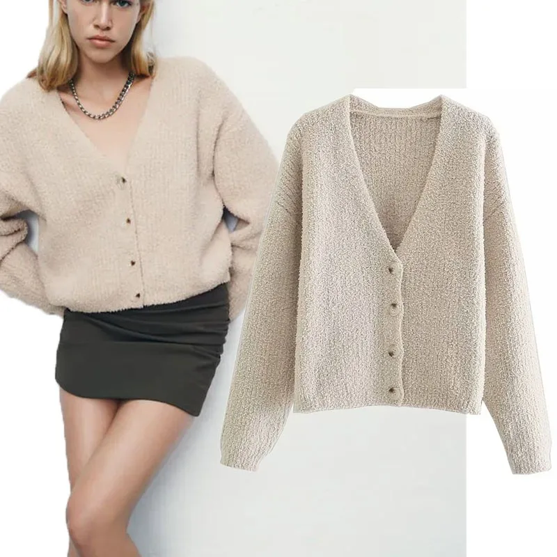 

Женский Мягкий Вязаный Кардиган Za, свитер с длинным рукавом и пуговицами, модный винтажный свитер с V-образным вырезом, зима 2021