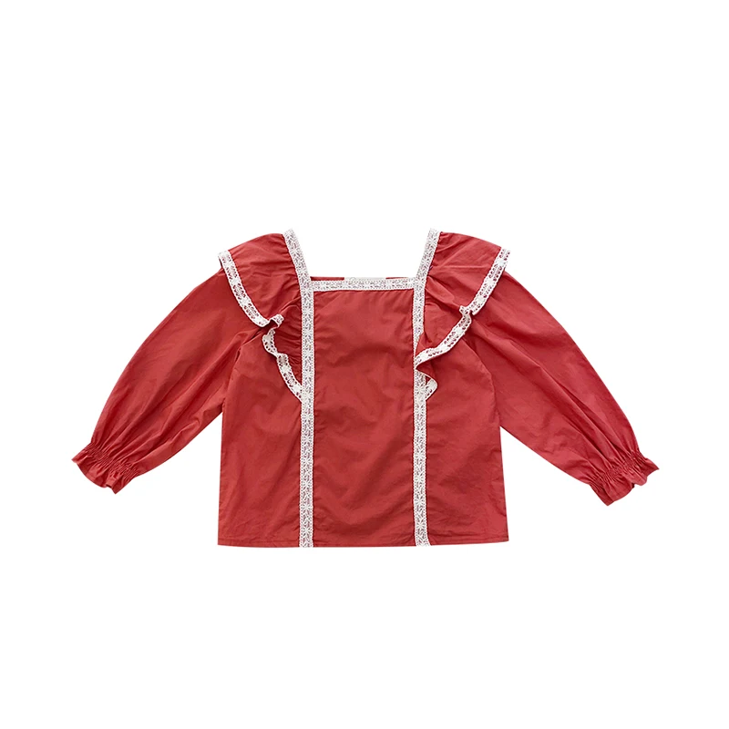

Mila Chou 2021 Spring Autumn Girl's New Doll Shirt Children's Red Palace Style Shirt Kid's Royal Style Shirt With Ruffles 2-8Y