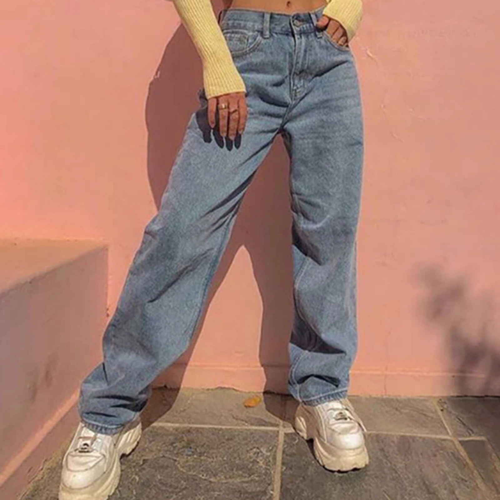 

ICCLEK Light Blue Straight Jeans High Waist Loose Pants Women's 2021 New Spring E-Girl Vintage Fashion Slim Denim Streetwear