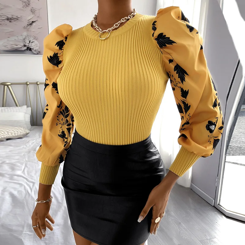 

Autumn Women Fashion Puff Long Sleeve Jumper Elegant Print Patchwork Knitwear Office Lady Solid Casual O-Neck Slim Pullover Tops