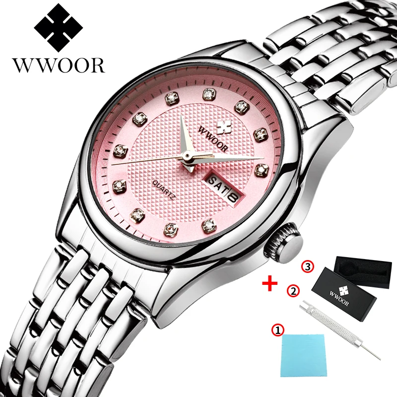 Pink WWOOR, бренд, модные женские часы, кварцевые часы, платье, женские повседневные спортивные наручные часы, ремешок из нержавеющей стали, красный циферблат, zegarek - Цвет: Pink