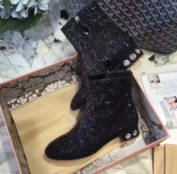 

BONJEAN Silver Glitter Embellished Woman Ankle Boots Round Toe Crystal Thick Heels Short Riding Boots ladies Party Dress Shoes