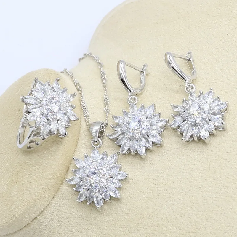 В форме цветка Белый Циркон Серебряный набор украшений для женщин с браслетом