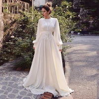 simple soft satin wedding dresses vintage long puff sleeves o neck lace appliques a line boho court train bridal gowns 2021