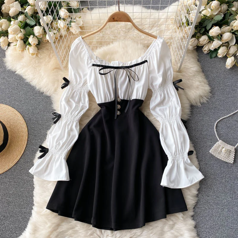 Женское винтажное платье с длинным рукавом Белое и черное платье-трапеция в