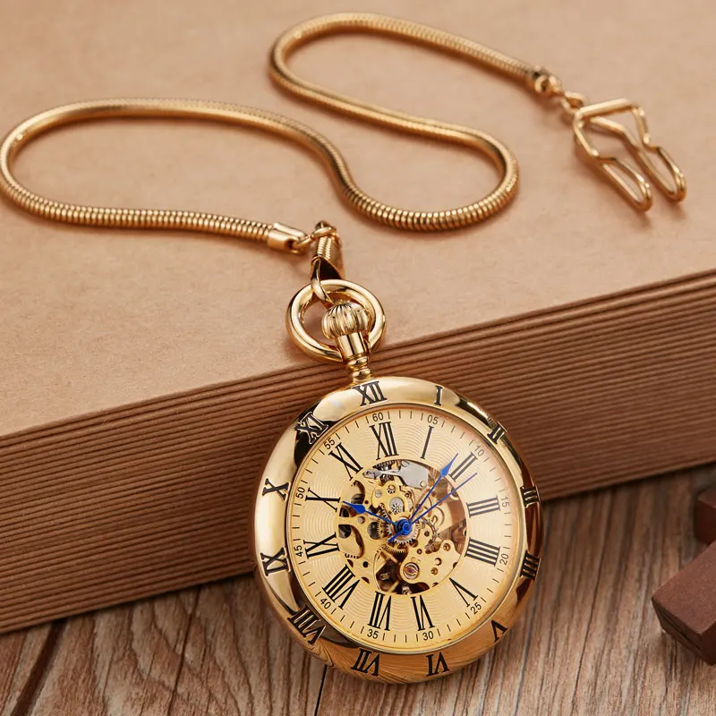 Antique Pocket Watch FOB Mechanical Vintage Golden Copper Men Women Engraved Fob Chain Automatic Retro Pocket Watches