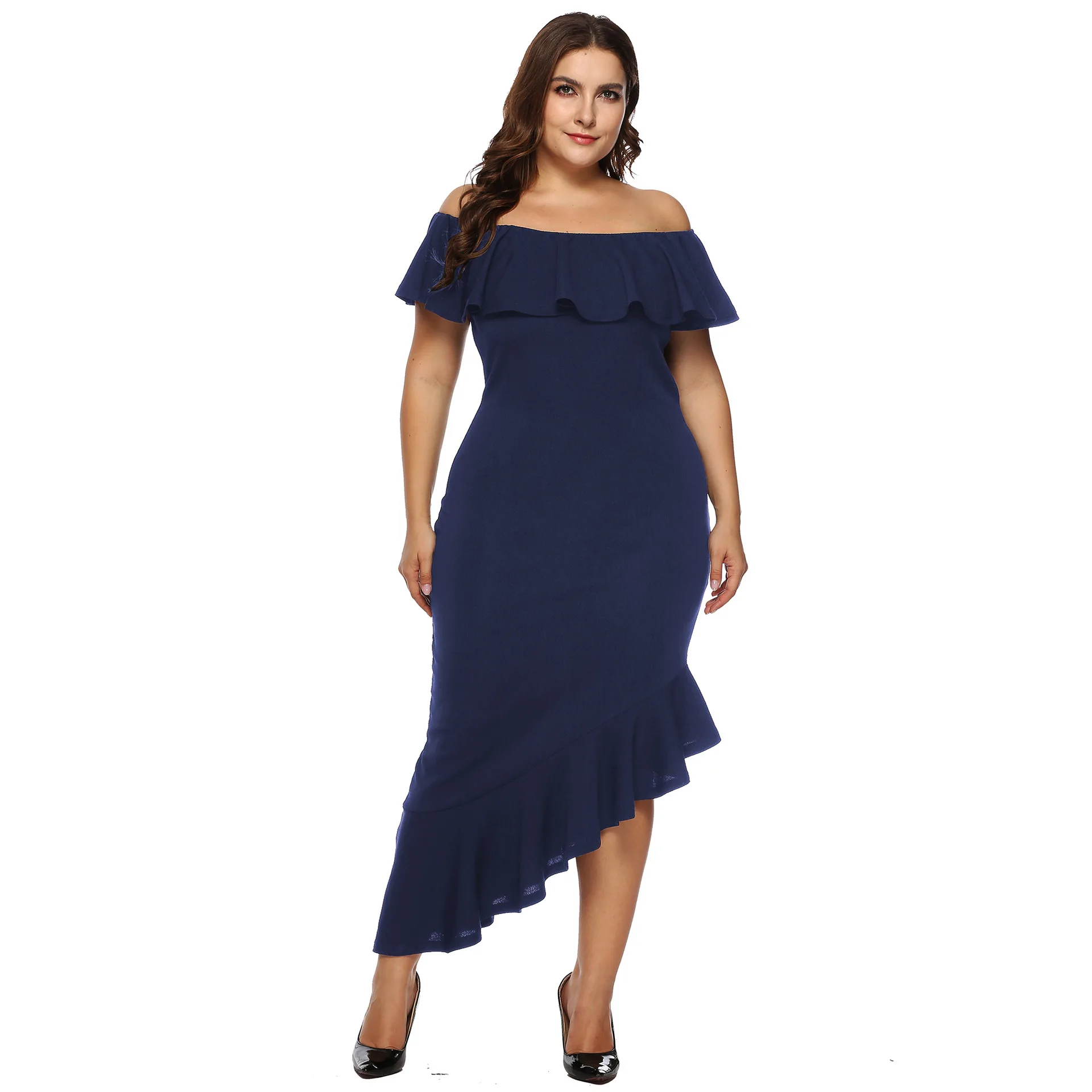 

Women Dress Sexy One Word Collar Short Sleeved Solid Color Ruffle Skirt Plus Size Women's Clothing