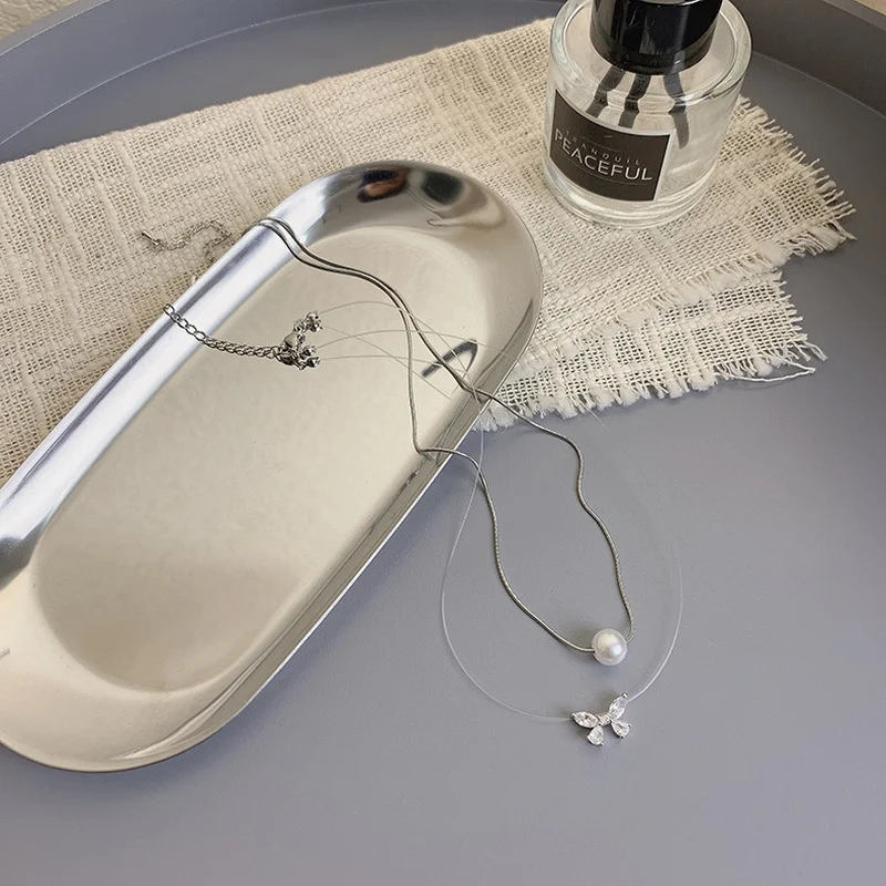 

New Double Layer Butterfly Imitation Pearl Zircon Pendant Necklace Girl Clavicle Chain for Women Fashion Jewelry Accessories