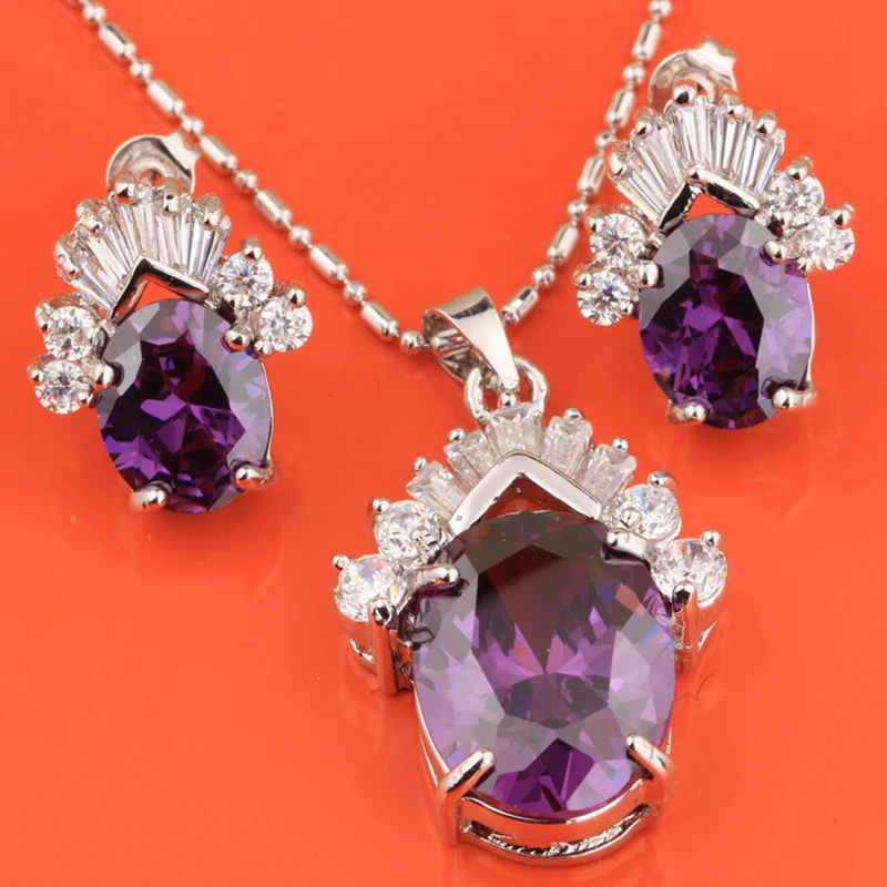 Распродажа комплект ювелирных изделий из серебра с радужным фиолетовым цирконом