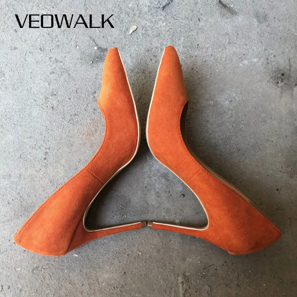 Veowalk/женские однотонный оранжевый Для женщин из флока острый носок и высокий каблук; элегантные женские слипоны туфли-лодочки на шпильке из органической кожи в классическом стиле Туфли под платье 8/10/12 сантиметров