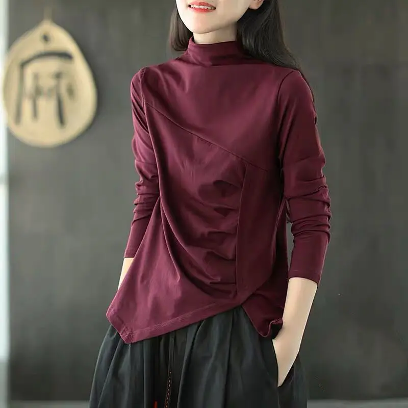 Cotton T-shirt women spring and autumn Korean loose bottoming shirt pleated irregular high neck pullover long sleeve top women