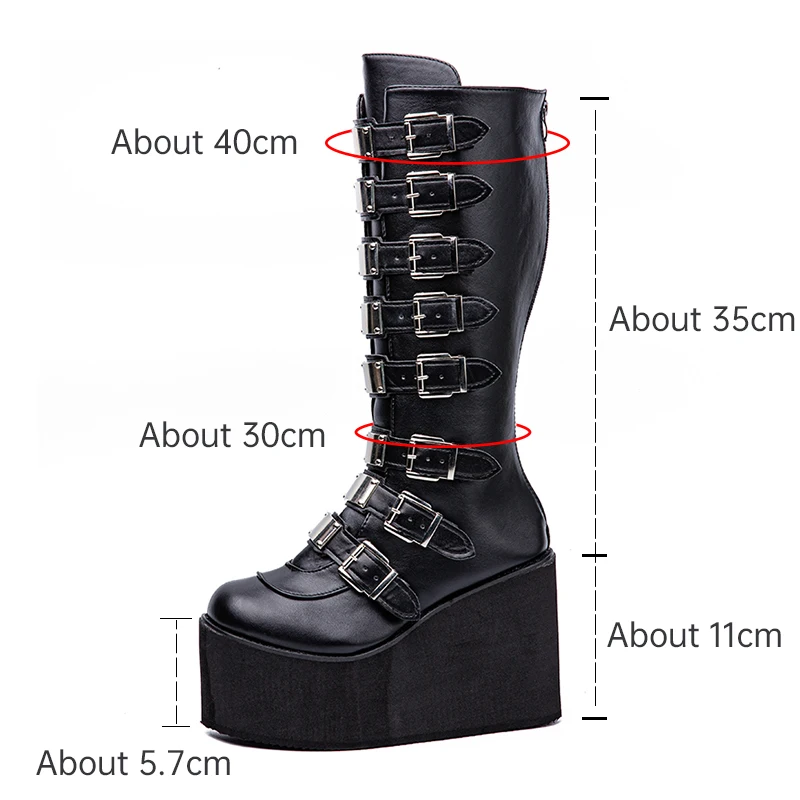 Brand Design Female Gothic Y2K Shoe Cosplay Wedges High Heels Women Boots Metal Buckle Platform Knee Punk Shoes Woman | Обувь