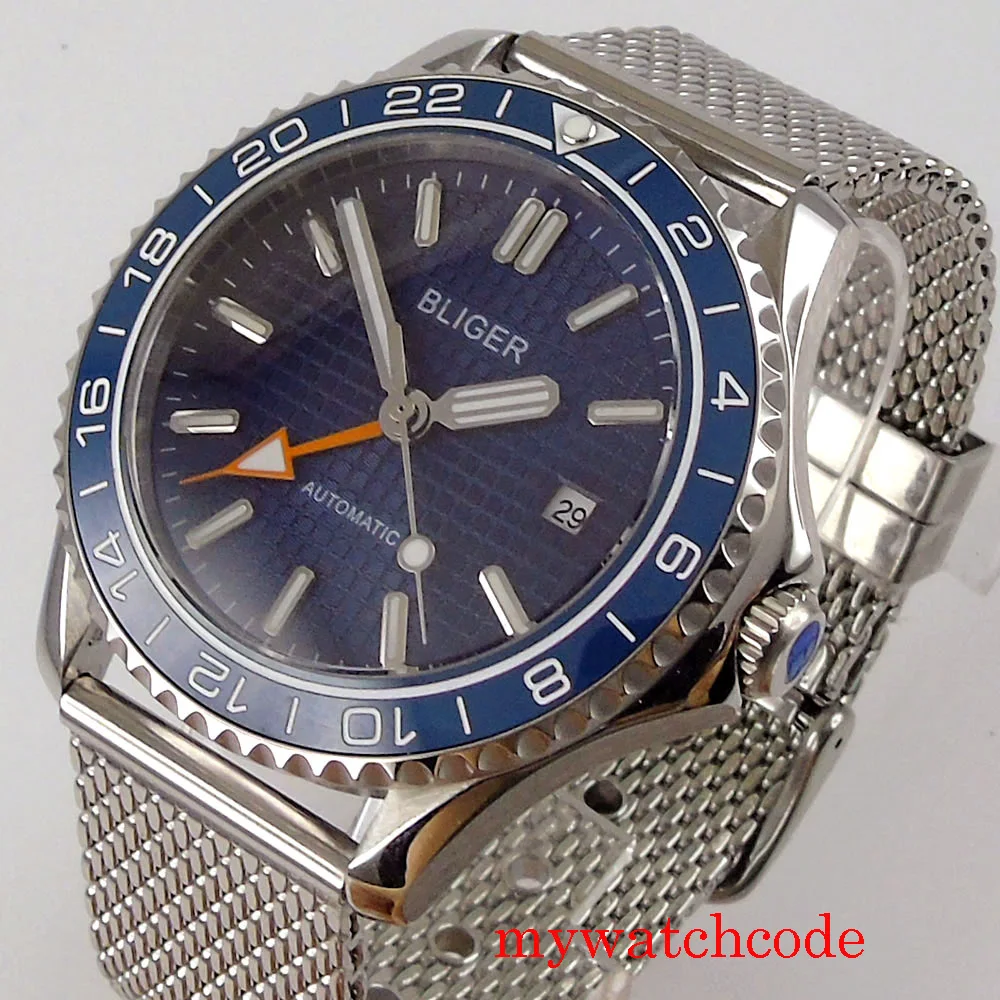 

41mm BLIGER GMT Mechanical Automatic Men's Watch Sapphire Glass Auto Date Ceramic Bezel Blue Dial