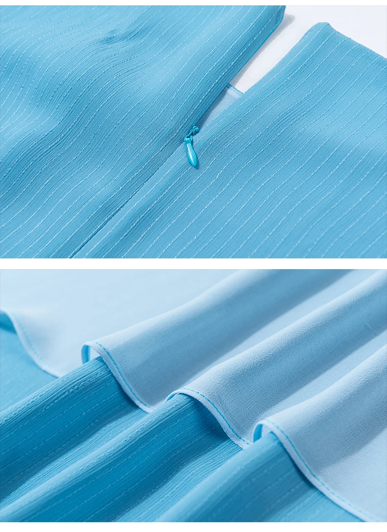 

2021 Summer New Graceful Short Sleeve Striped Blue Chiffon Dress for Office Lady