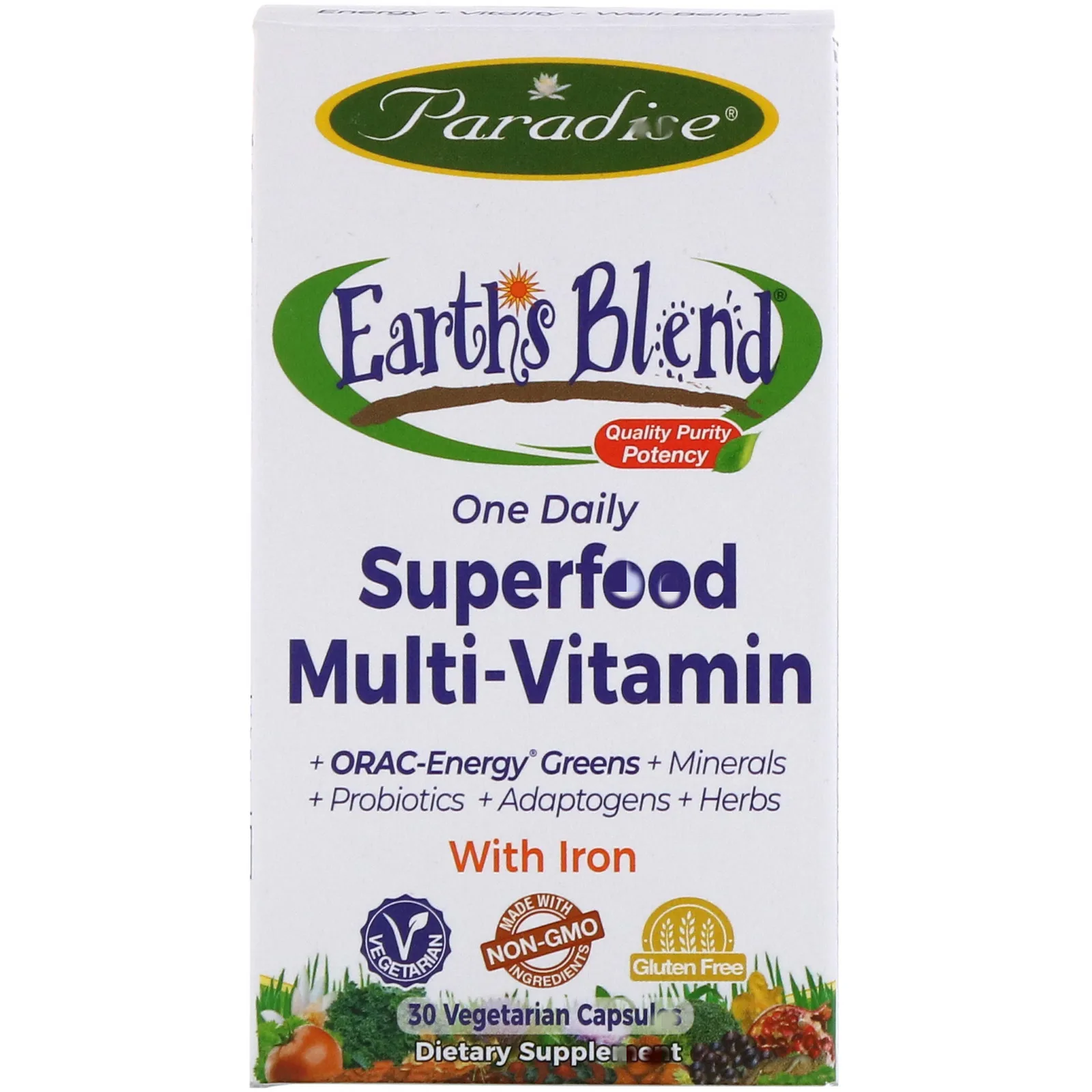 

Paradise Herbs, Earth's Blend, One Daily Multivitamin, With Iron, 30-60 pcs
