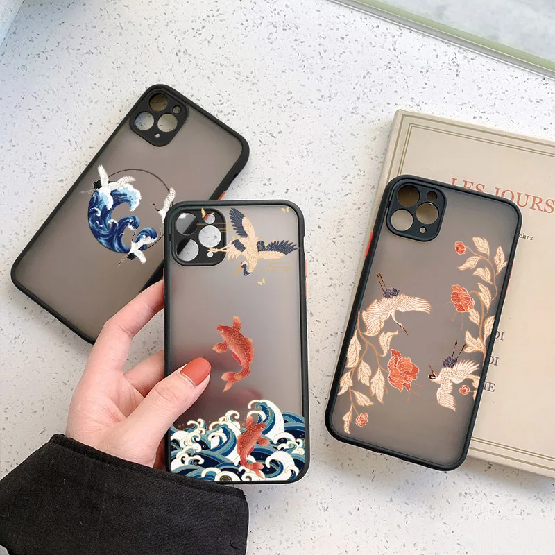 Crane and Koi Chinese style Phone Cases For iPhone 11 12 14 13 Pro Max For iPhone 8 7 Plus SE2 XR XS Max X Shockproof Back Cover