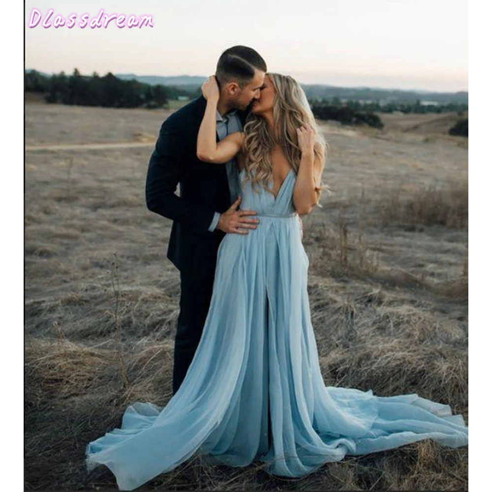 

Chiffon Summer Split Prom Dresses 2020 Women Formal Party Night Long Light Blue Vestidos Gala De Robes Elegant Evening Gowns