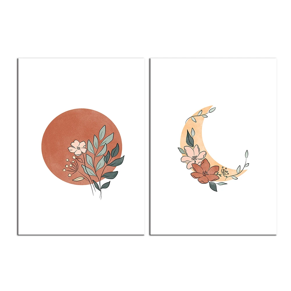 

Abstract Sun Face Moon Plant Orange Wall Art Canvas Painting Nordic Posters And Prints Wall Pictures For Living Room Home Decor