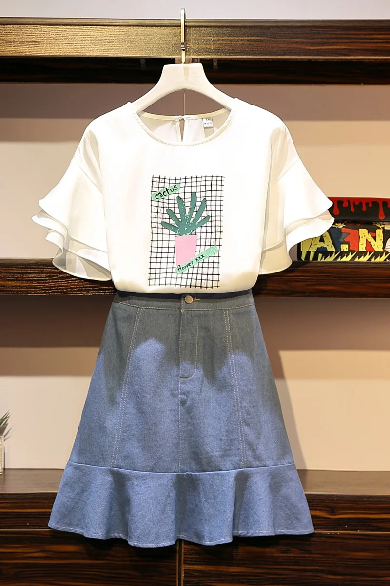 Лето 2019 большой размер женский толстый мм модный топ с принтом + джинсовая юбка